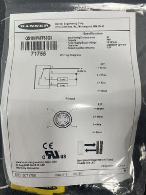 BANNER QS18VP6FF50Q8 Zeer betrouwbare foto-elektrische sensor met vast veld